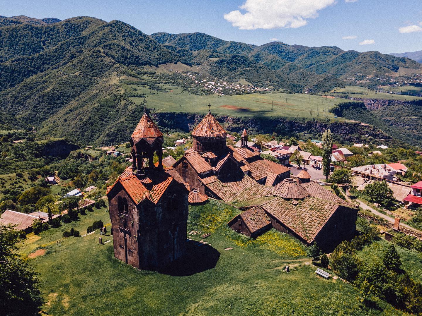 Drone view of Haghpat Monastery in northern Armenia.  It was built in the 10th century and was destroyed many times since by earthquakes and wars.