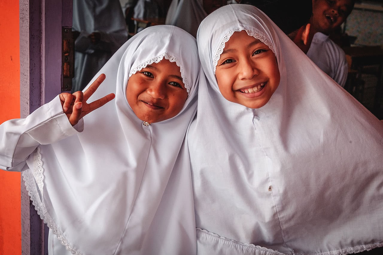 Students in Bandar Seri Begawan, Brunei wearing muslim headscarfs.