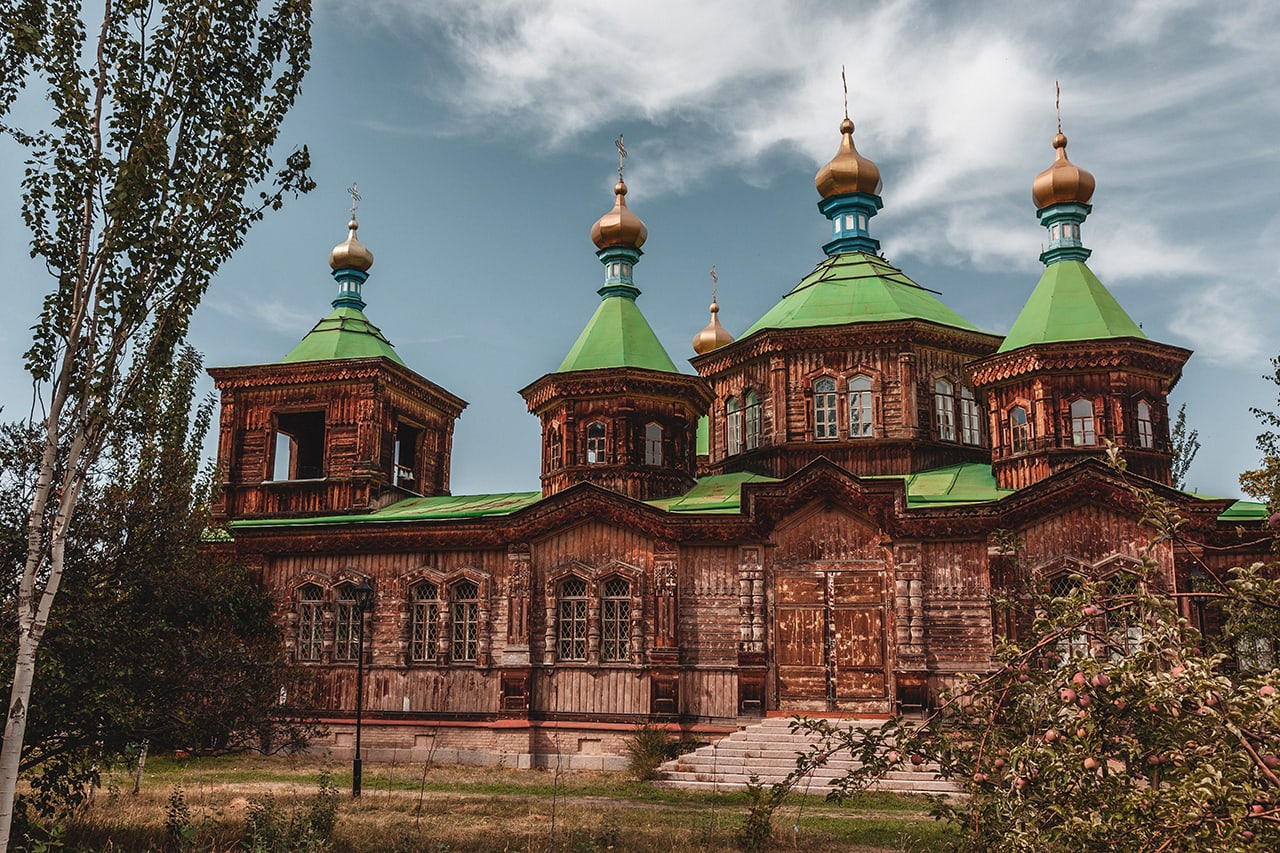 the 19th century wooden Russian Holy Trinity Church in Karakol, Kyrgyzstan.