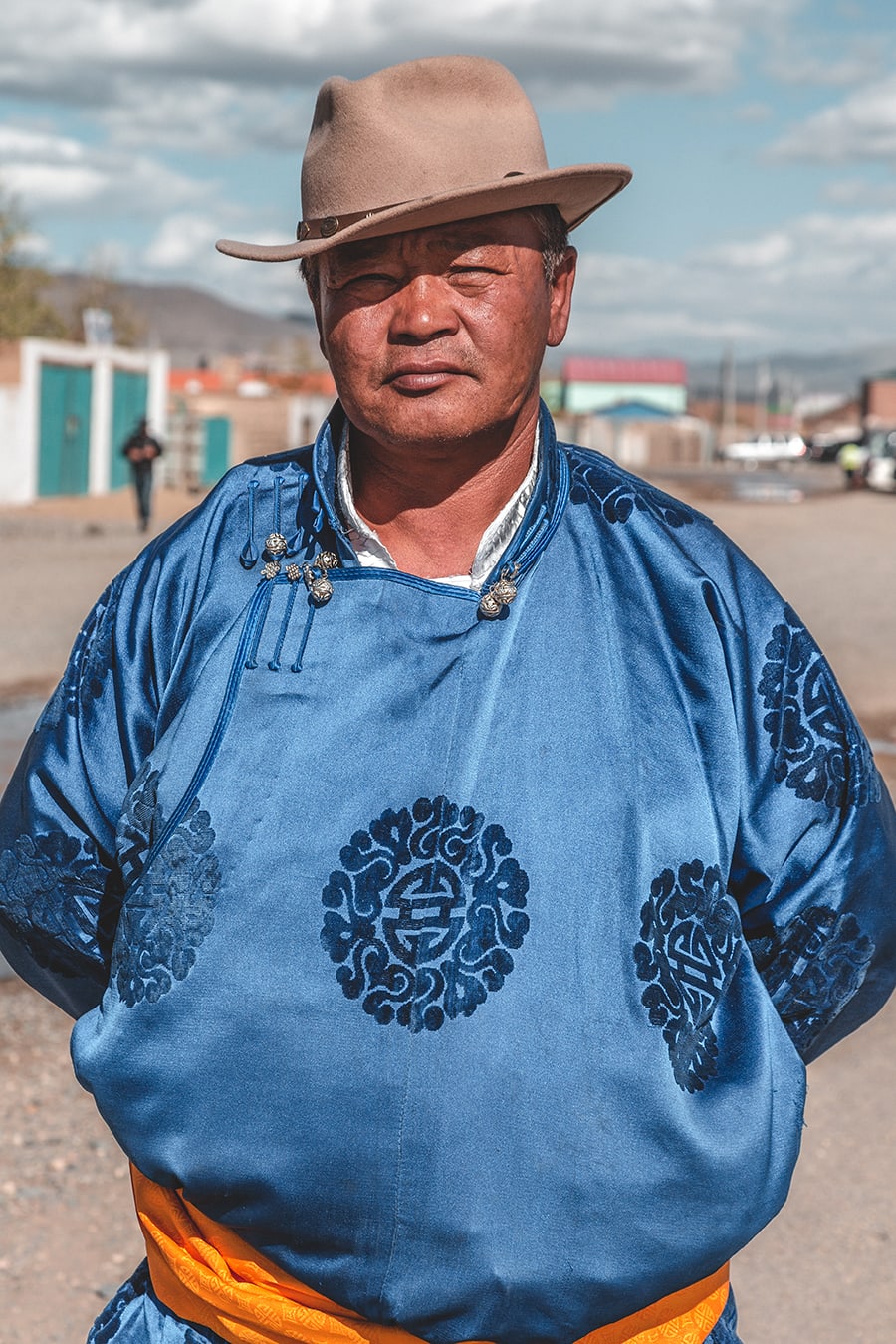 A man wearing traditional clothing at the Nadaam Festival in Bayan Ulgii, western Mongolia.