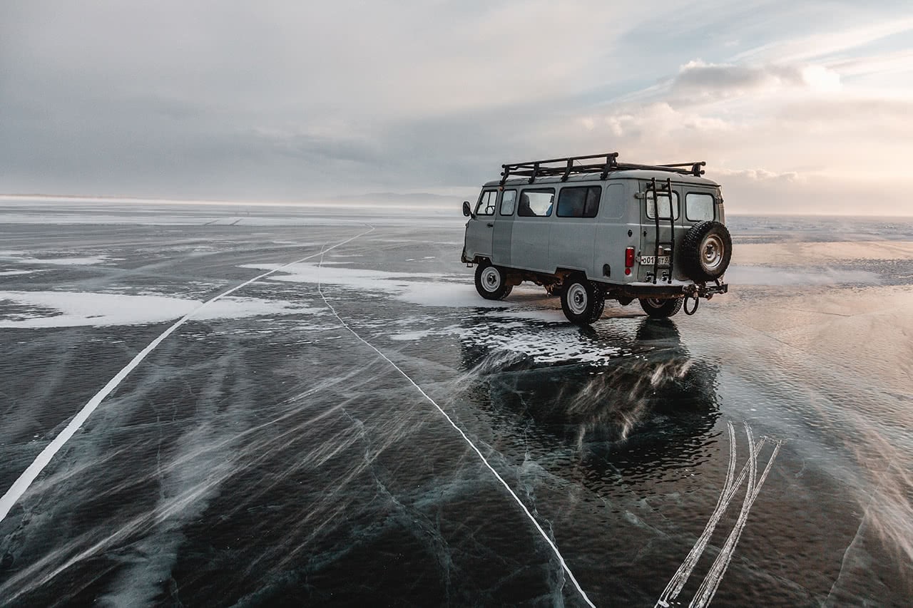 Our Russian UAZ vehicle parked on a frozen Lake Baikal.