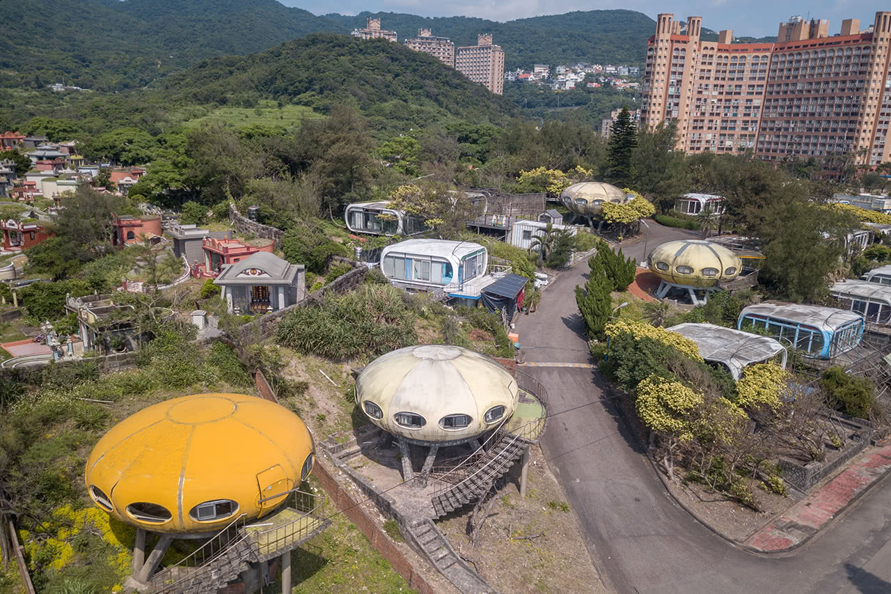 Drone photo of the abandoned village of Wanli and its futuroso houses that resemble UFOs.