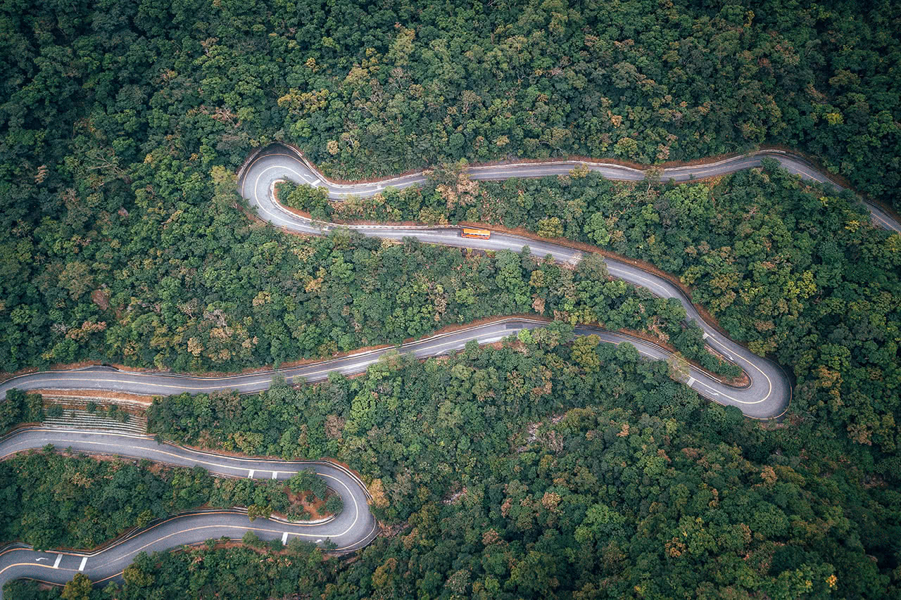 Drone photo of a curvy road in Taroko Gorge, Taiwan.