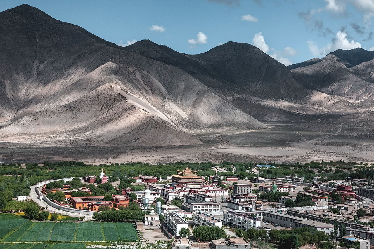View of Samye monastery from a nearby hilltop.
