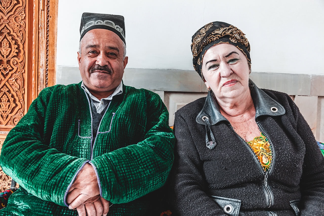 A friendly Uzbek Imam and a Russian woman at Shah-i-Zinda in Samarkand.
